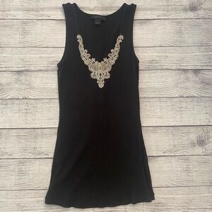 Express Black Silver Embroidered V-Neck Embellished Long and Lean Tank Top Med